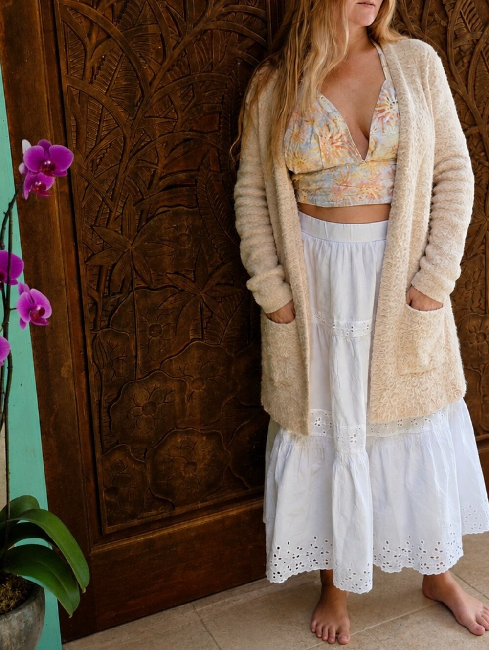 Midsummer Sale! Free People Cream Eyelash Knit Cardigan Sz S Long Open Front